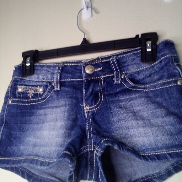 Soundgirl Shorts Juniors 1 Button Pockets Embroidery Rhinestones Denim Blue - Picture 4 of 14